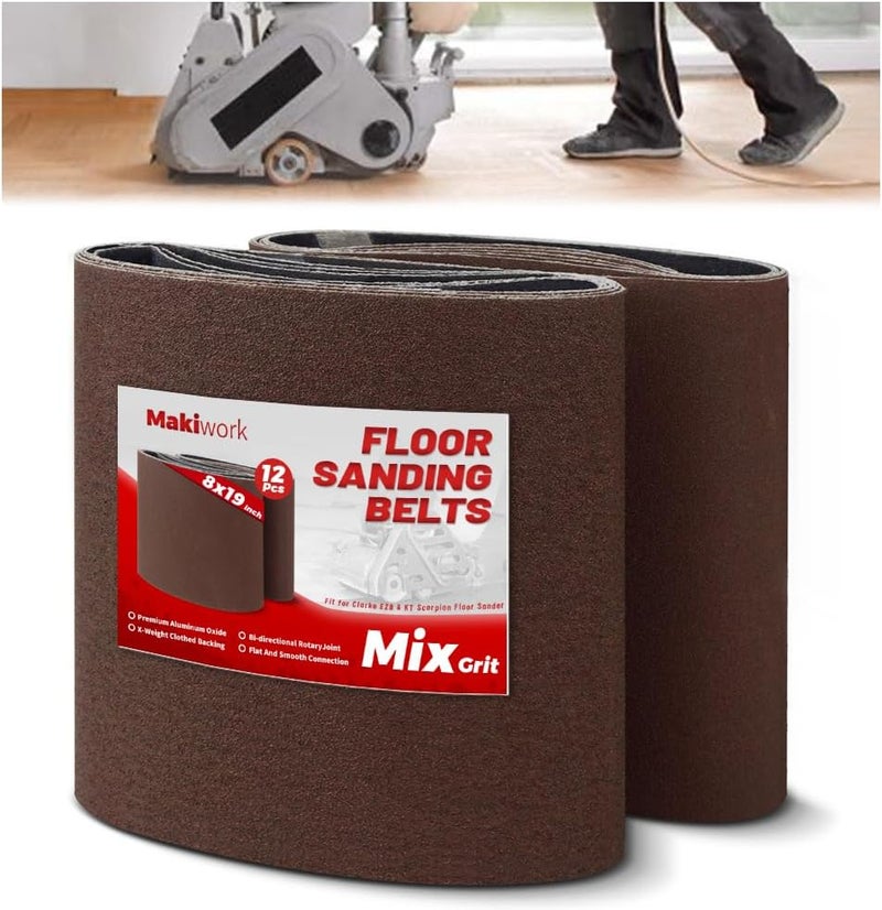 makiwork 8 inch x 19 inch Assorted Sanding Belts, 12 Pack, 2 Each of 40/60/80/100/120/150 Grits, EZ 8 Drum Sander Sandpaper Rolls for Woodworking and Floor Polishing - Image 1